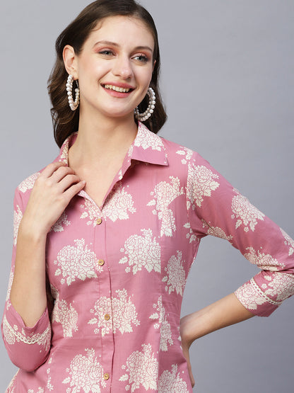 Floral Printed Wooden Buttoned Asymmetric High-Low Hem Kurta With Pants - Rose Pink