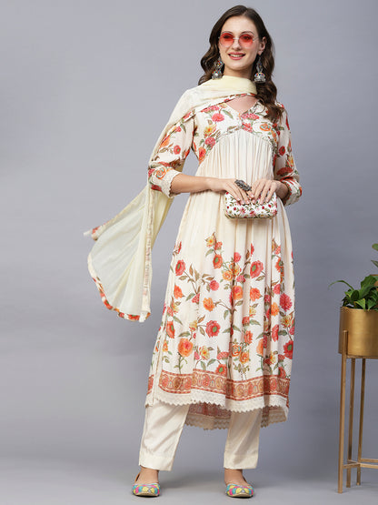 Floral Printed Sequins & Beads Embroidered High Slit Kurta With Pants & Dupatta - Cream