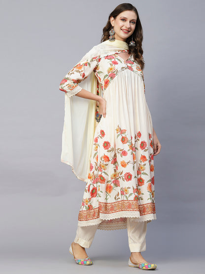 Floral Printed Sequins & Beads Embroidered High Slit Kurta With Pants & Dupatta - Cream