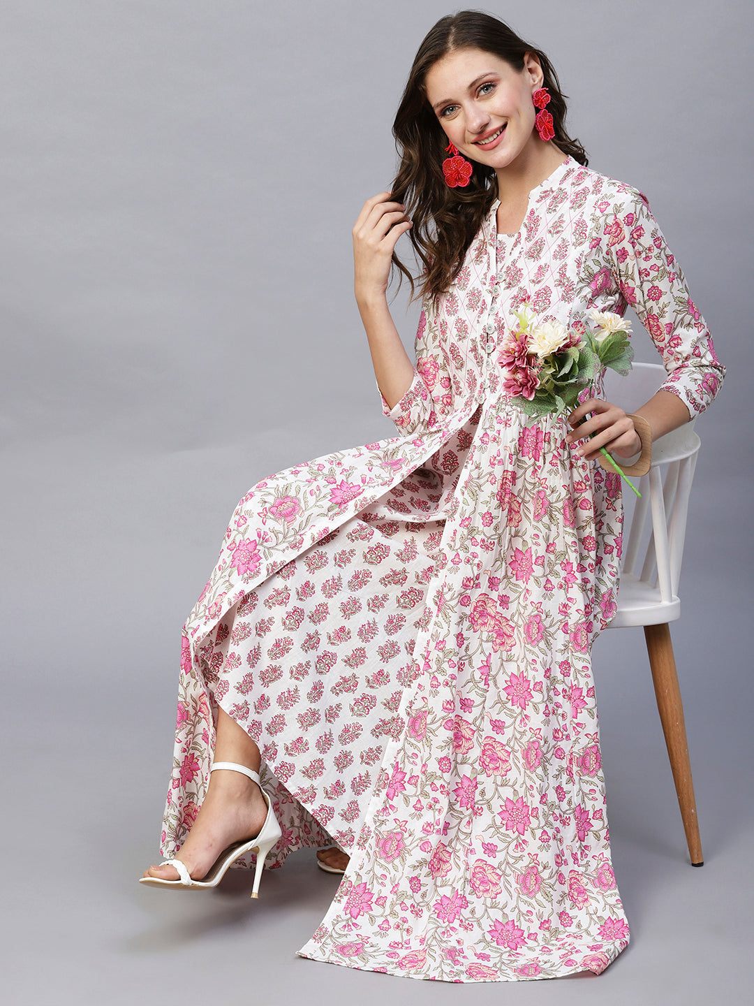 Floral Printed Mirror & Cutdana Embroidered Pleated Flared Maxi