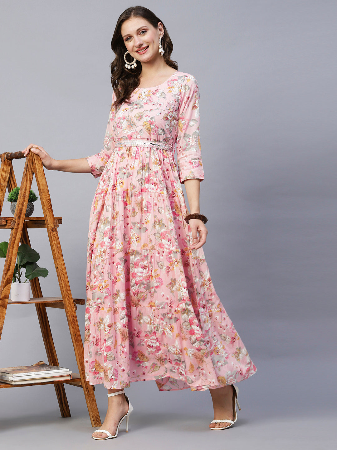 Floral Foil Printed & Embroidered A-line Fit & Flared Tiered Maxi Dress - Pink