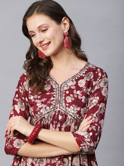 Floral Printed Mirror, Resham & Dabka Embroidered Gathered Maxi Dress - Maroon