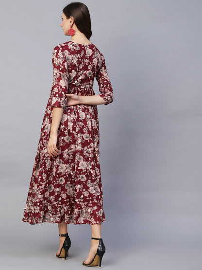 Floral Printed Mirror, Resham & Dabka Embroidered Gathered Maxi Dress - Maroon