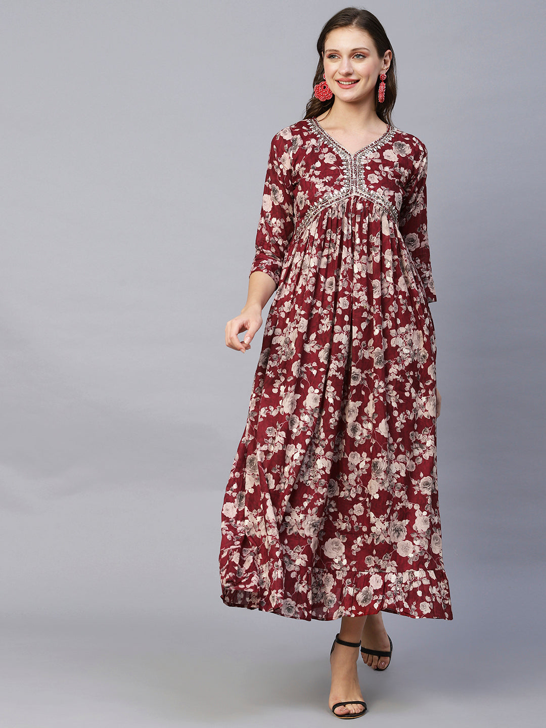 Floral Printed Mirror, Resham & Dabka Embroidered Gathered Maxi Dress - Maroon