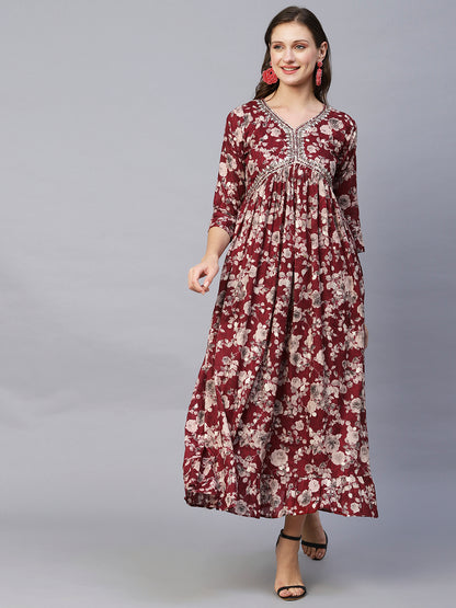 Floral Printed Mirror, Resham & Dabka Embroidered Gathered Maxi Dress - Maroon