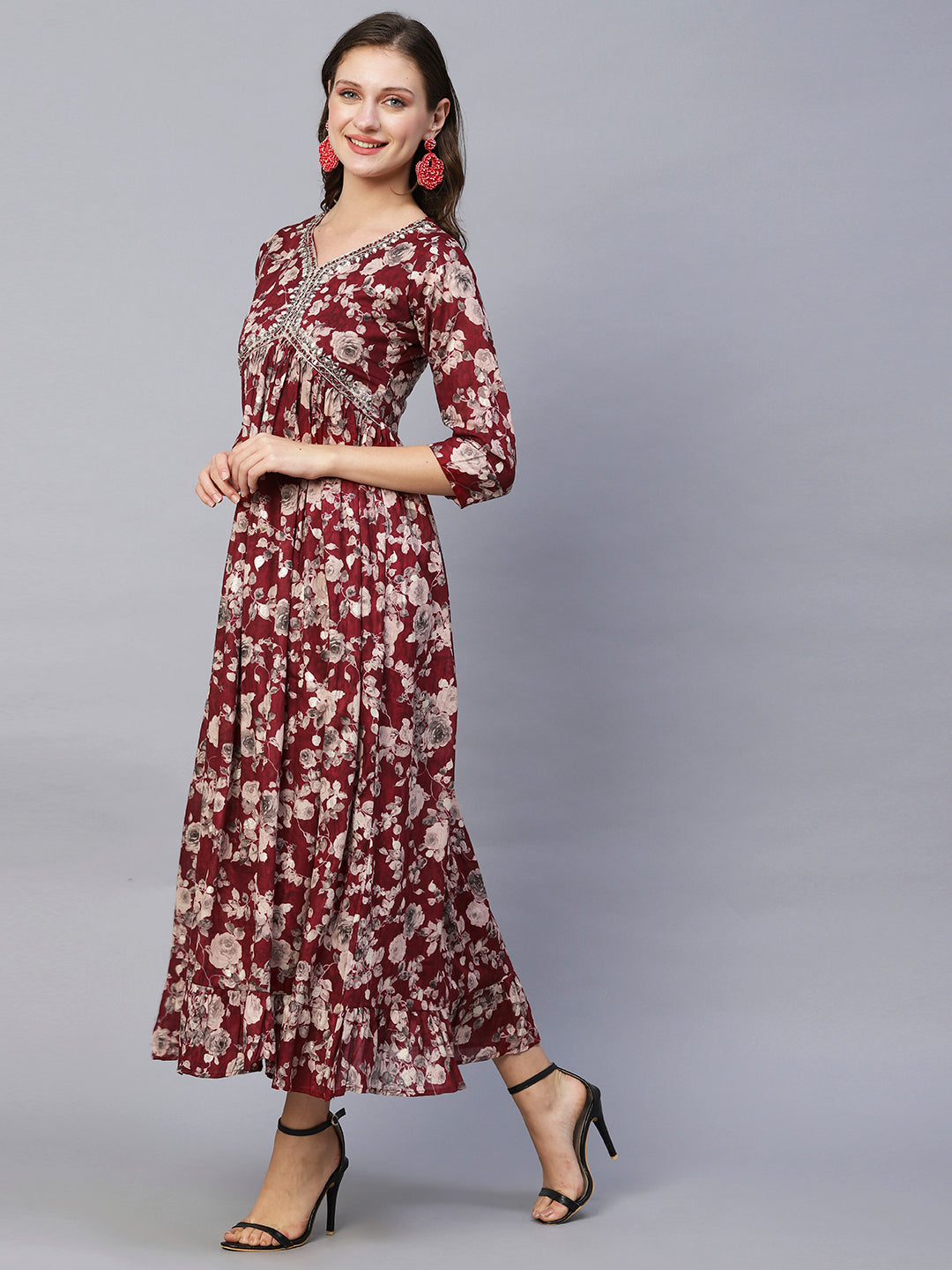 Floral Printed Mirror, Resham & Dabka Embroidered Gathered Maxi Dress - Maroon