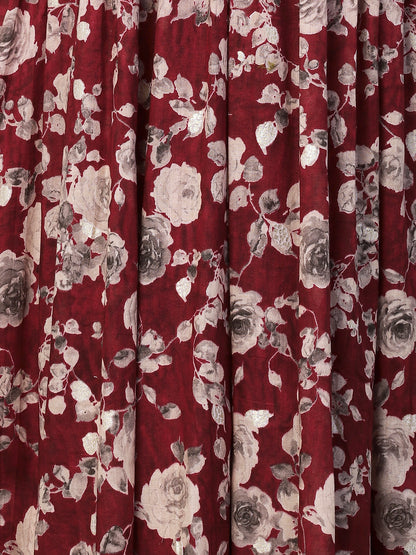 Floral Printed Mirror, Resham & Dabka Embroidered Gathered Maxi Dress - Maroon