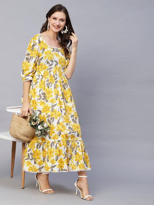 Floral Foil Printed A-Line Maxi Dress - Yellow