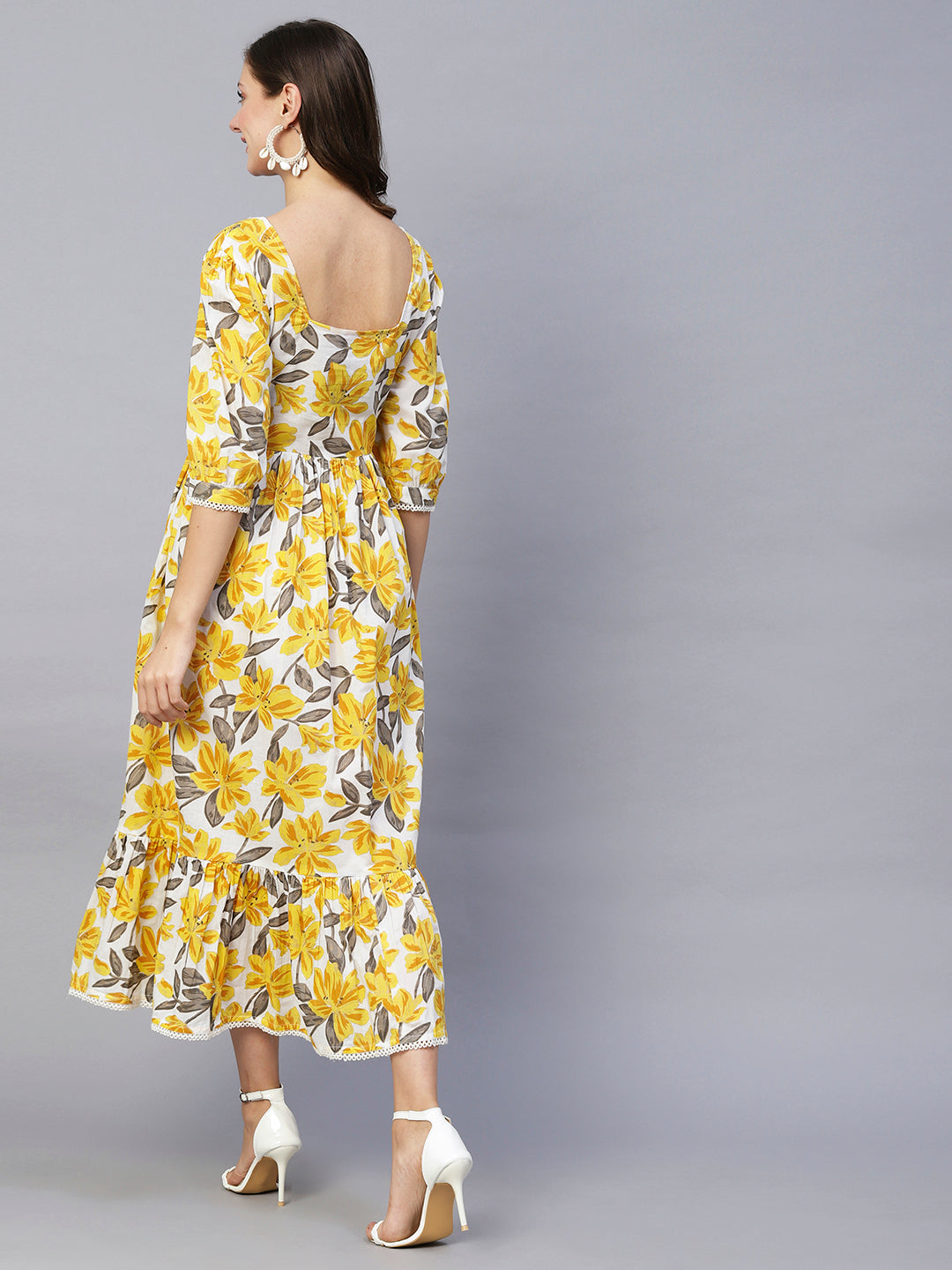 Floral Foil Printed A-Line Maxi Dress - Yellow