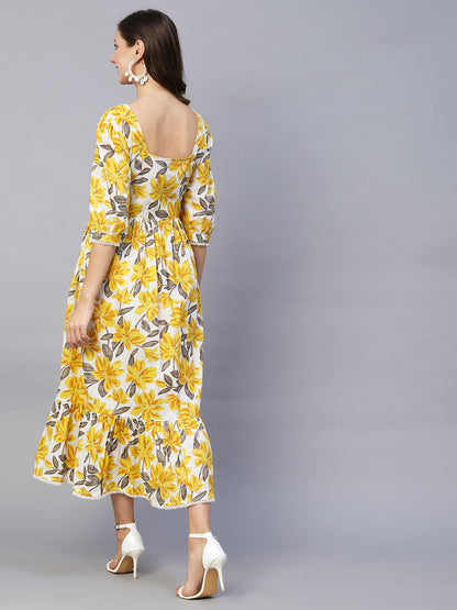Floral Foil Printed A-Line Maxi Dress - Yellow