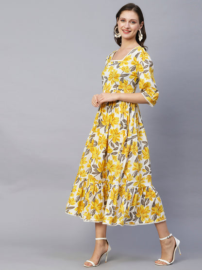 Floral Foil Printed A-Line Maxi Dress - Yellow