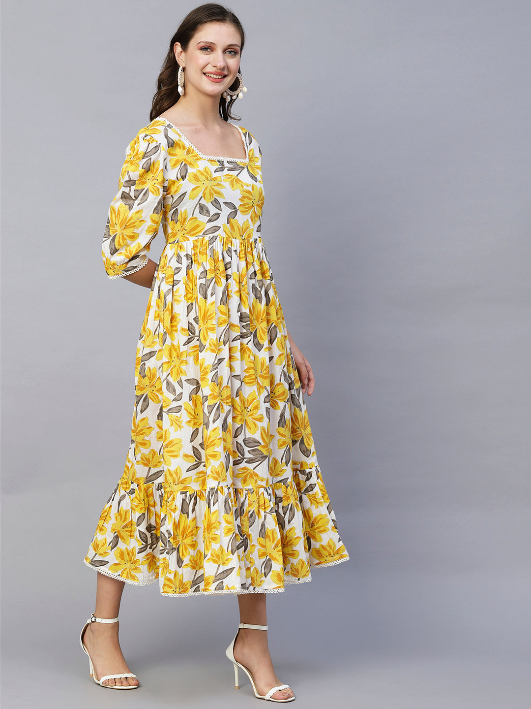 Floral Foil Printed A-Line Maxi Dress - Yellow