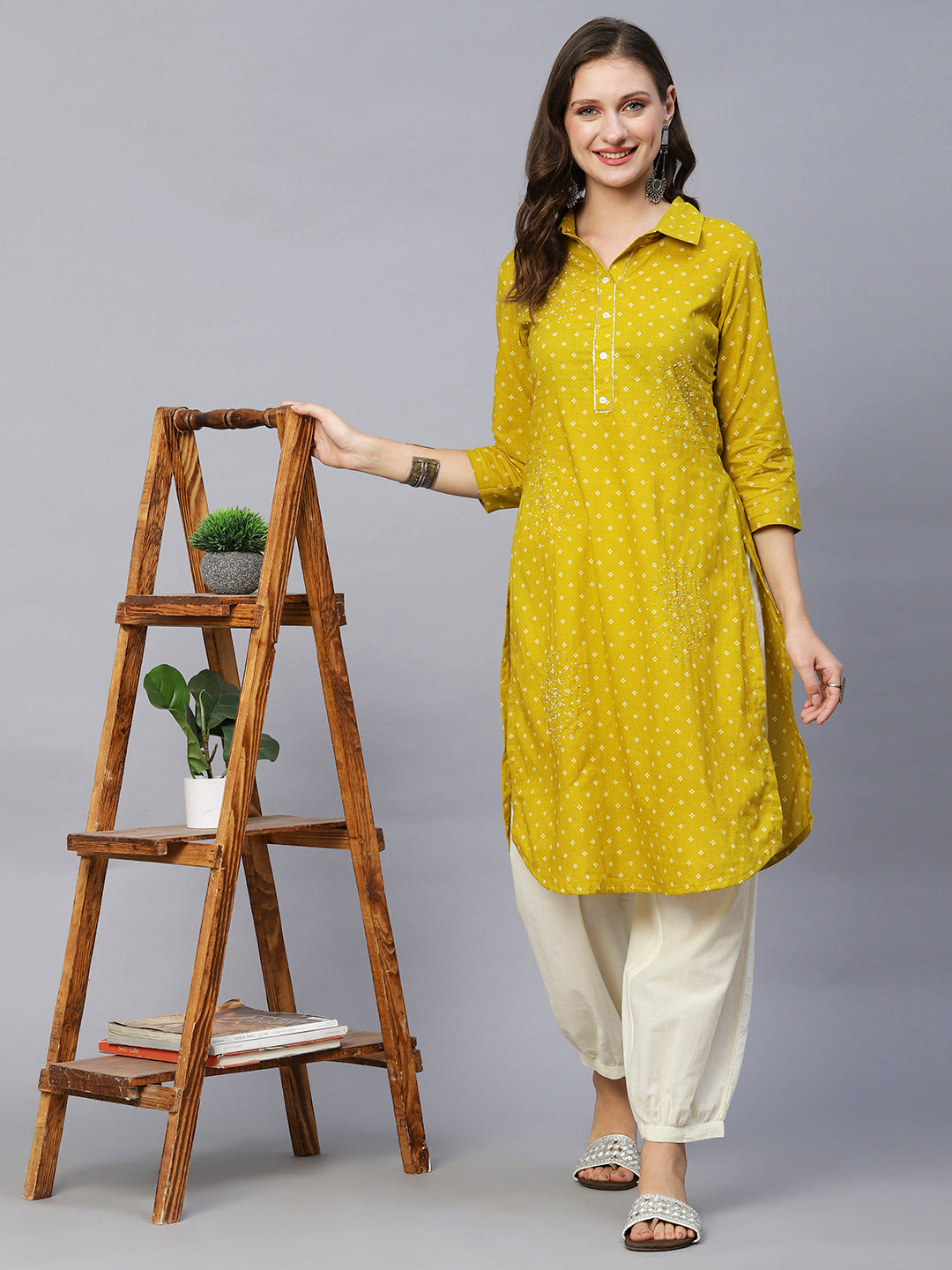 Abstract Printed Beads & Sequins Embroidered Kurta With Harem Pants - Mustard Green