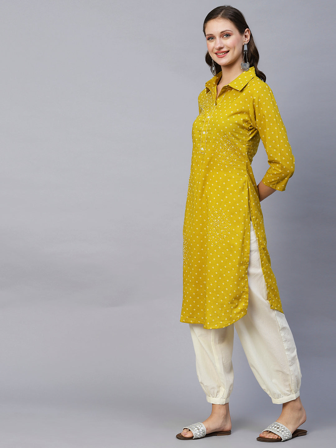 Abstract Printed Beads & Sequins Embroidered Kurta With Harem Pants - Mustard Green