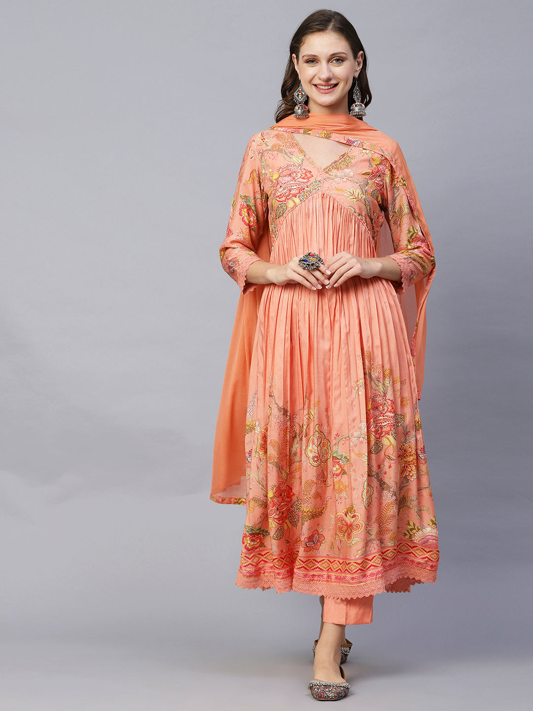 Floral Printed Beads Embroidered High Slit Kurta With Pants & Dupatta - Peach