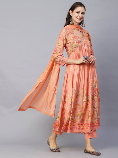Floral Printed Beads Embroidered High Slit Kurta With Pants & Dupatta - Peach