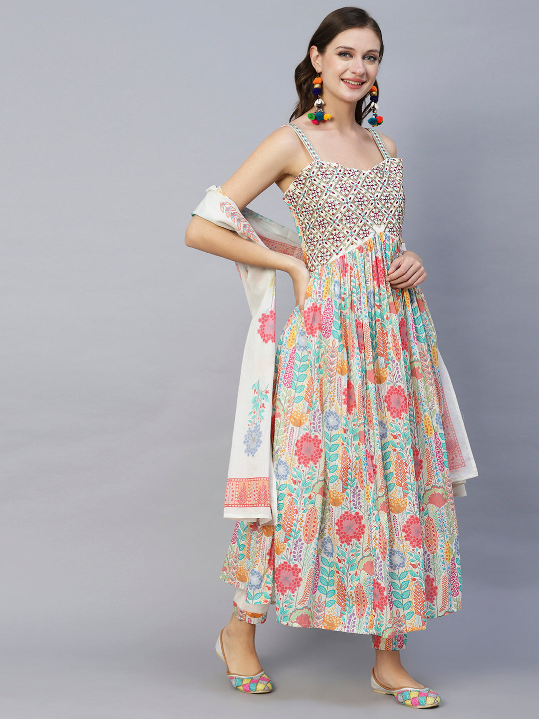 Ethnic & Floral Printed & Embroidered Pleated A-Line Kurta with Pant & Dupatta - Multi