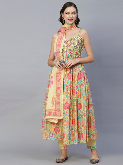 Floral Printed Resham, Zari & Sequins Embroidered Shoulder Strap Flared Kurta With Pants & Dupatta - Yellow & Multi