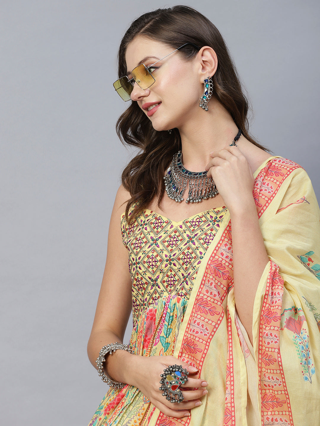 Floral Printed Resham, Zari & Sequins Embroidered Shoulder Strap Flared Kurta With Pants & Dupatta - Yellow & Multi