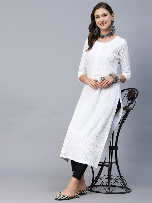 Solid Chikankari & Sequins Embroidered Kurta - White