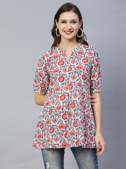 Floral Block Printed Mother-of-Pearl Buttoned A-line Kurti - White & Maroon