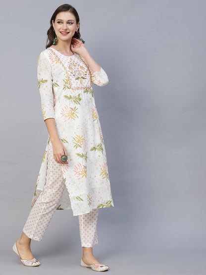 Floral Leaf Printed Mirror & Resham Embroidered Kurta With Pants & Dupatta - White & Multi