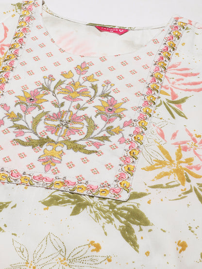 Floral Leaf Printed Mirror & Resham Embroidered Kurta With Pants & Dupatta - White & Multi