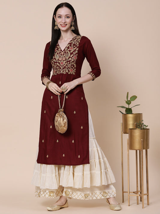 Solid Zari Dori, Resham & Sequins Embroidered Kurta - Maroon