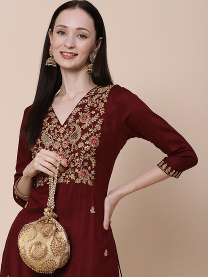 Solid Zari Dori, Resham & Sequins Embroidered Kurta - Maroon