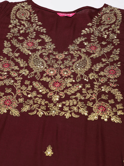 Solid Zari Dori, Resham & Sequins Embroidered Kurta - Maroon
