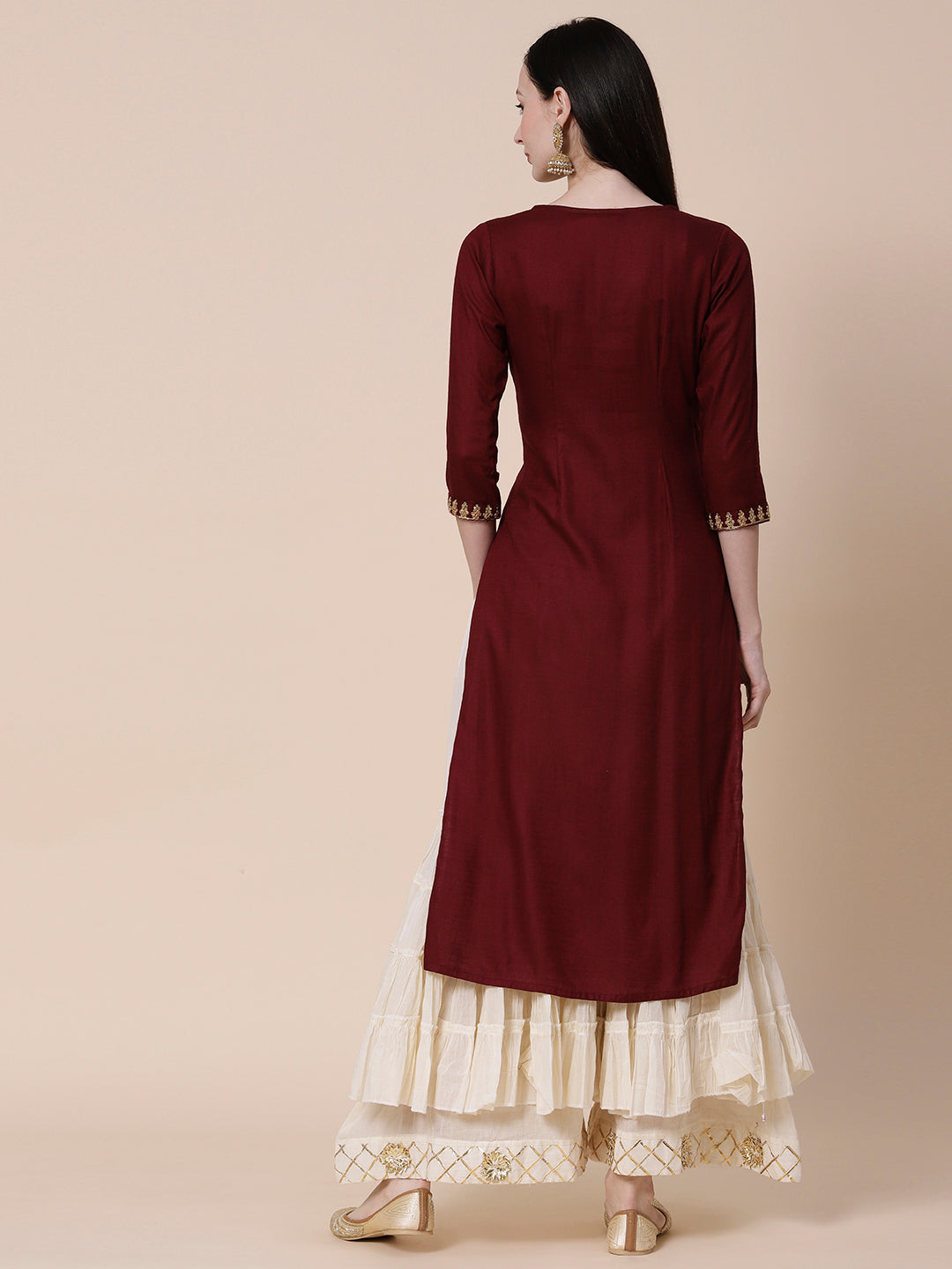 Solid Zari Dori, Resham & Sequins Embroidered Kurta - Maroon