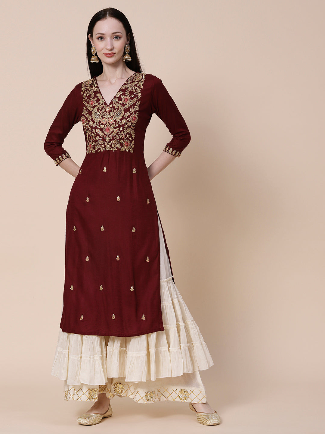 Solid Zari Dori, Resham & Sequins Embroidered Kurta - Maroon