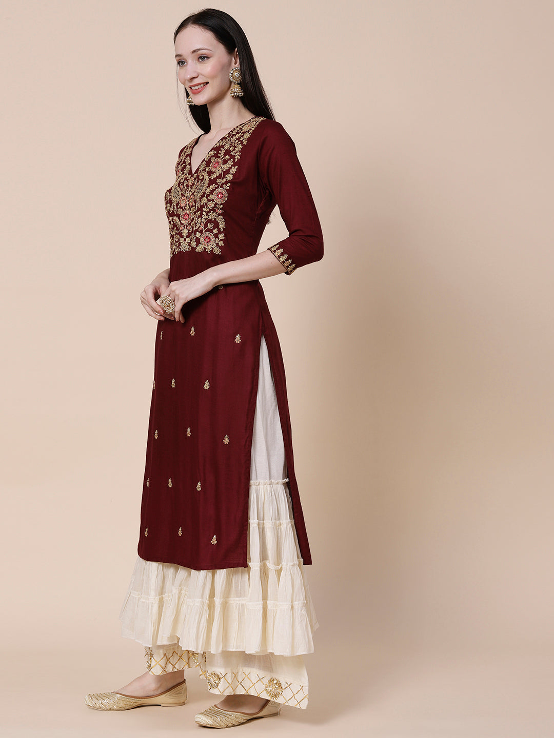 Solid Zari Dori, Resham & Sequins Embroidered Kurta - Maroon