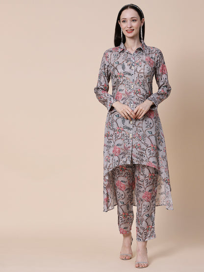 Floral Printed Mirror & Zari Embroidered Asymmetric Hem A-line Kurta With Pants - Grey