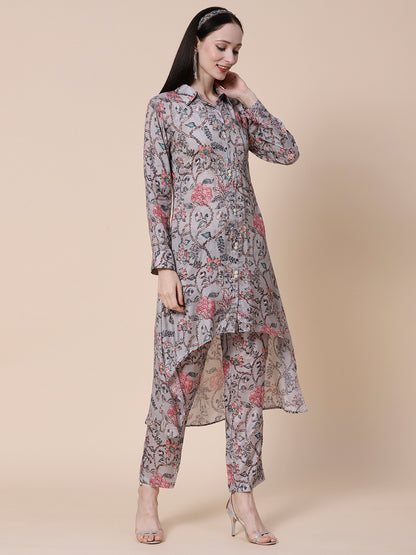 Floral Printed Mirror & Zari Embroidered Asymmetric Hem A-line Kurta With Pants - Grey