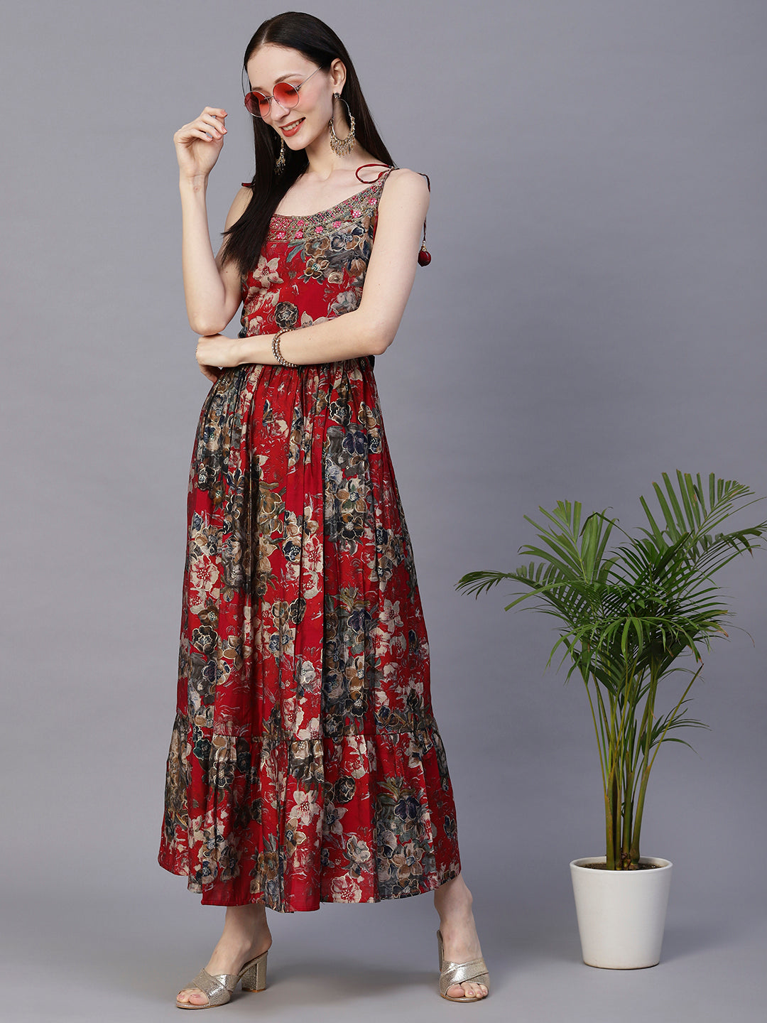 Floral Foil Printed Mirror & Zari Embroidered Tie-Up Shoulder Strap Maxi Dress - Maroon