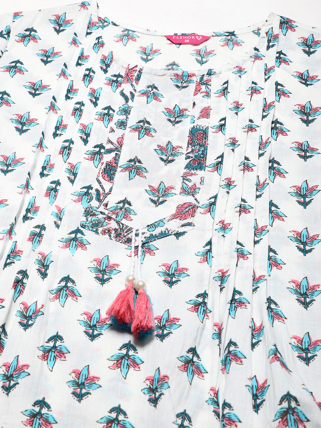 Floral Printed Zari Embroidered Tasseled Pin-Tucks Kurta With Pants - White & Teal Blue