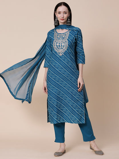 Bandhani Printed Gotapatti Embroidered Kurta With Pants & Dupatta - Blue