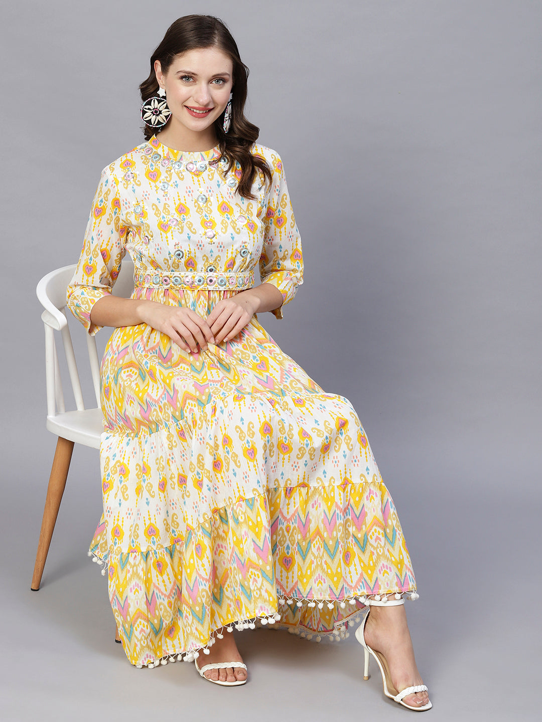 Abstract Printed Mirror & Sequins Embroidered Tiered Dress With Embroidered Waist Belt - Yellow