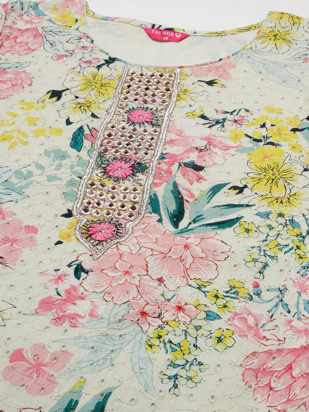 Floral Printed Mirror & Zari Embroidered Schiffili Work Kurta With Pants - Multi