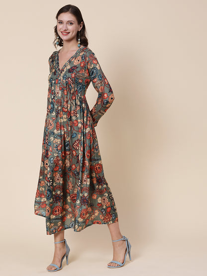 Floral Printed Mirror & Resham Embroidered Pleated Flared Maxi Dress - Multi