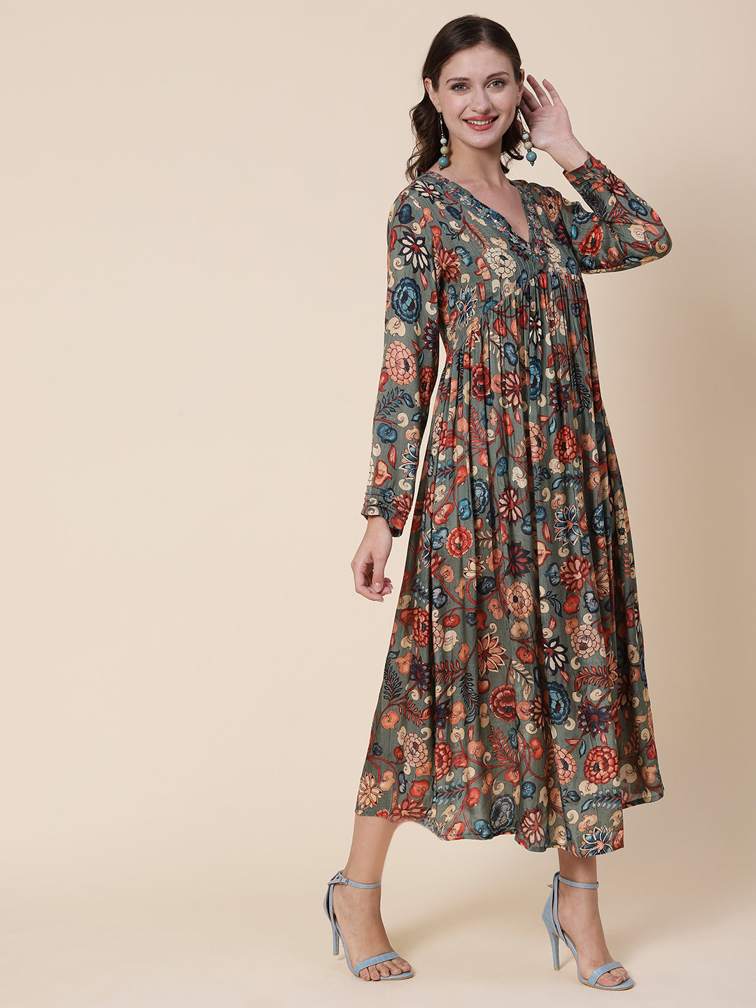 Floral Printed Mirror & Resham Embroidered Pleated Flared Maxi Dress - Multi