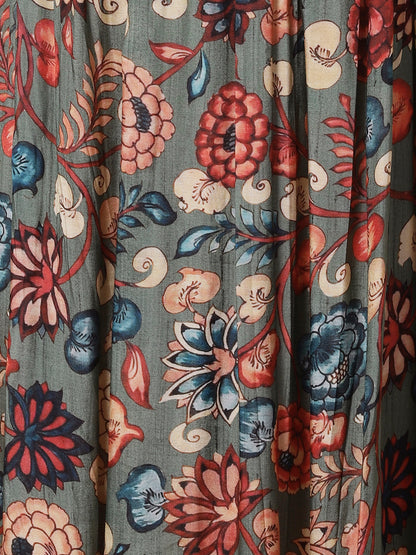 Floral Printed Mirror & Resham Embroidered Pleated Flared Maxi Dress - Multi