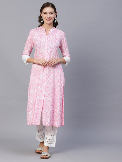 Ethnic Bandhani Printed A-Line Paneled Kurta - Pink