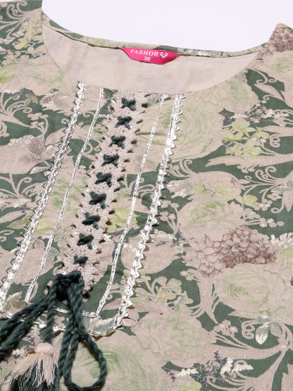 Floral Printed Gota Lace & Crochet lace Embellished Mulmul Kurta With Pants & Dupatta - Olive