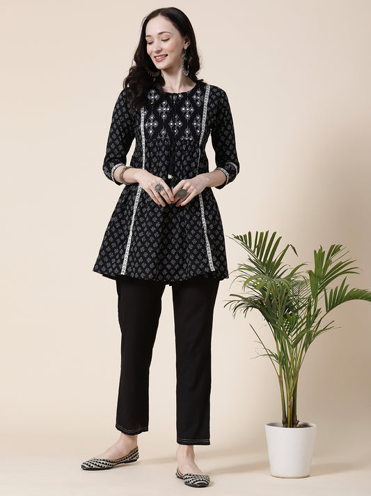 Ethnic Printed Mirror Embroidered Peplum Kurta With Pants Set - Black