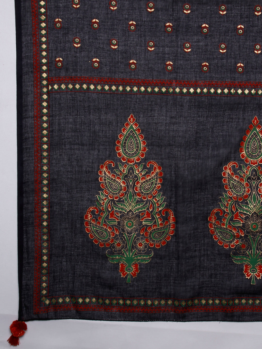 Ethnic Printed Mirror, Sequins & Zari Embroidered Asymmetric Hem Kurta With Palazzo & Dupatta - Black