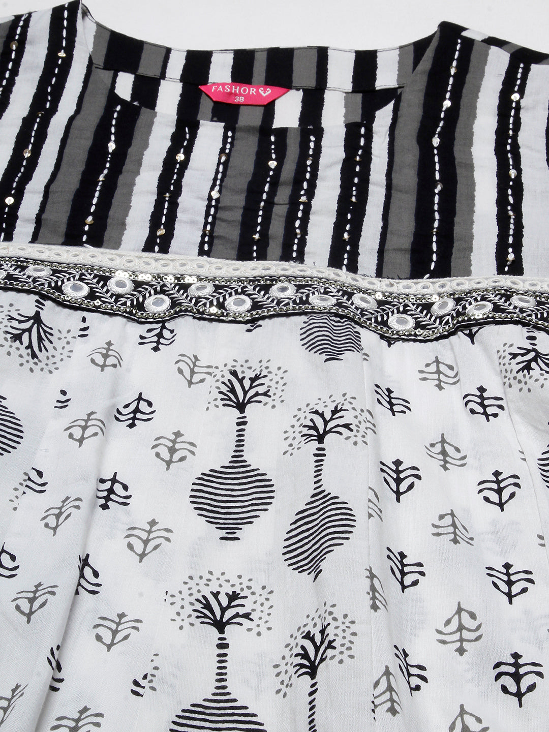 Abstract Printed Mirror & Resham Embroidered Anarkali Kurta With Pants & Dupatta - White & Black