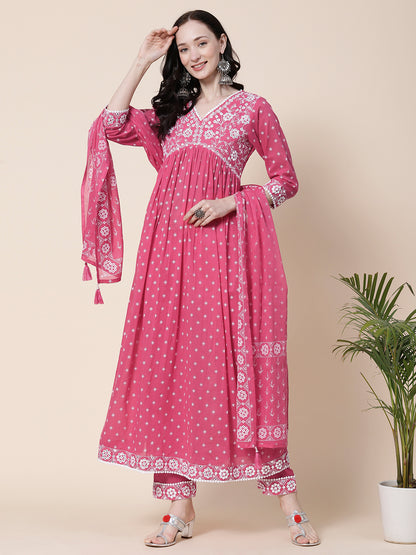 Ethnic Block Printed Mirror & Resham Embroidered Flared Kurta With Pants & Printed Dupatta - Pink