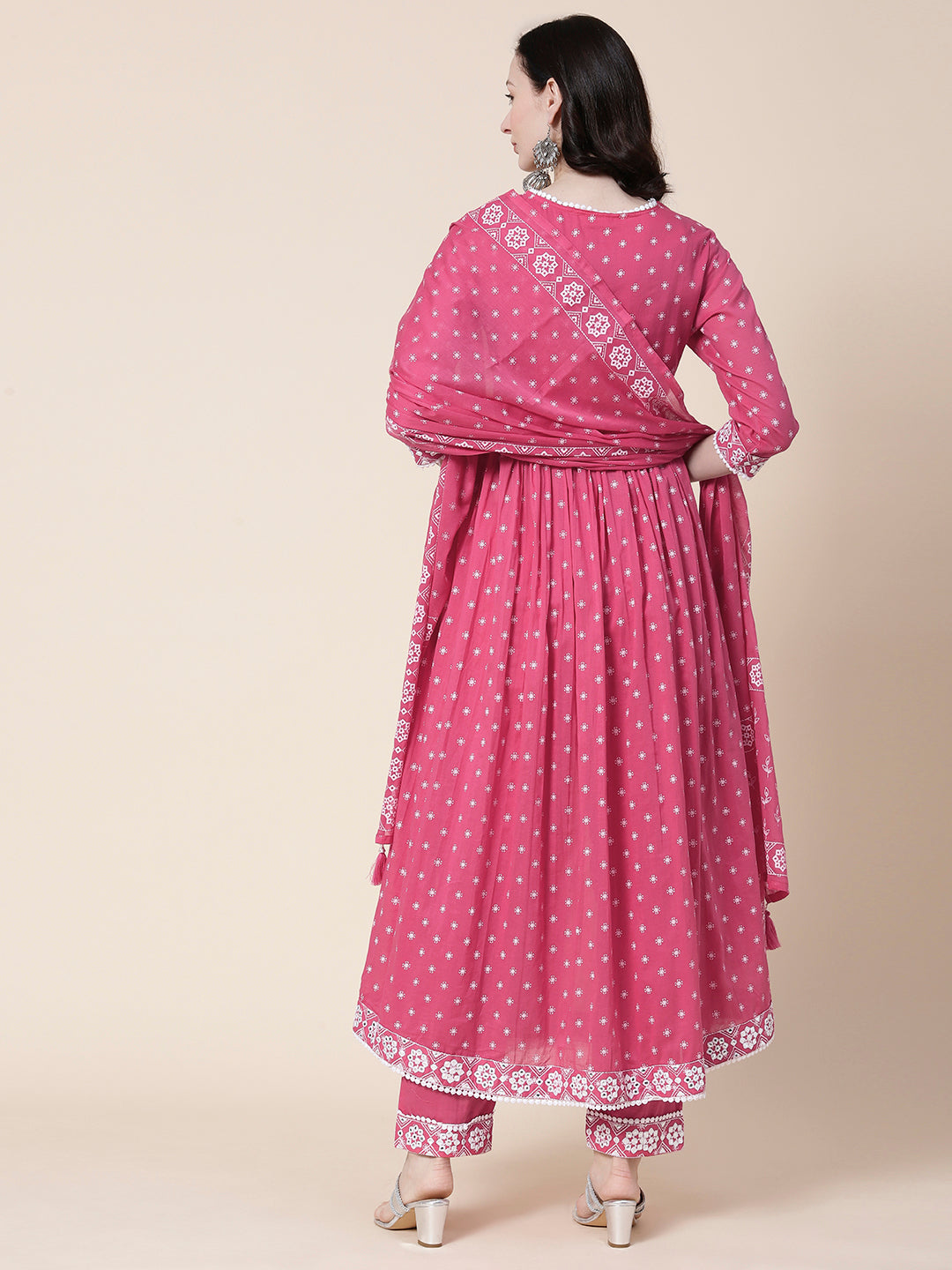 Ethnic Block Printed Mirror & Resham Embroidered Flared Kurta With Pants & Printed Dupatta - Pink